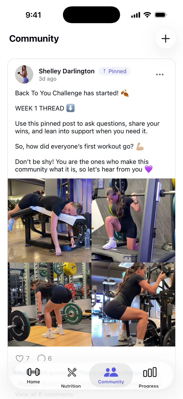 The Strong Curves community feed with a post from coach Shelley Darlington